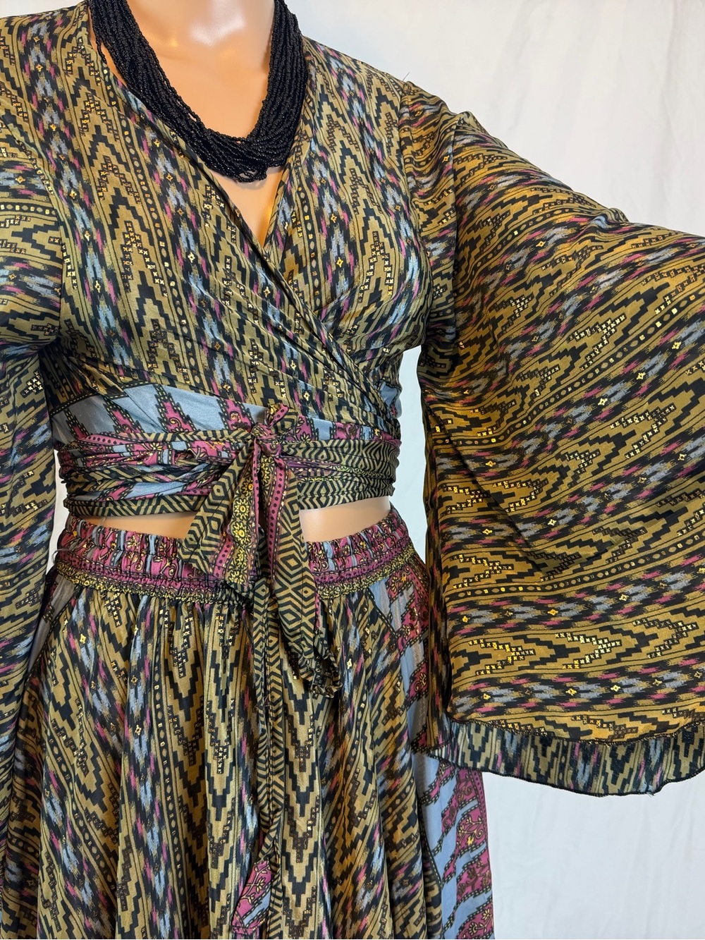 Bohemian Ikat Wrap Maxi Dress in Olive with Pink Accents